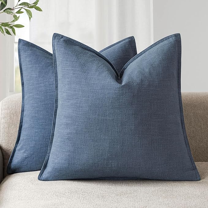 Foindtower Pack of 2, Decorative Linen Solid Throw Pillow Covers Soft Accent Euro Cushion Case Farmhouse Neutral Pillowcase for Chair Couch Sofa Bedroom Living Room Home Decor 18 x 18 Inch Dark Blue