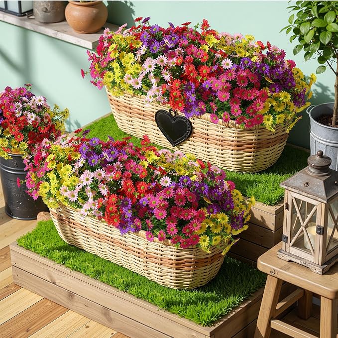 Alupssuc 40 Bundles Artificial Daisies Flowers Fake Silk Plant for Indoor Outdoor Decor, UV Resistant No Fade Faux Spring Flowers for Garden, Porch & Patio Decoration,RedRosyPurpleYellowPink