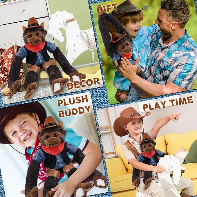 DolliBu Black Capuchin Monkey Stuffed Animal Cowboy Plush with Name Personalization - Western-Themed Monkey Plush with Cute Cowboy Costume Denim Shirt Vest, Bandana, Leather Pants, and Hat - 21 Inches