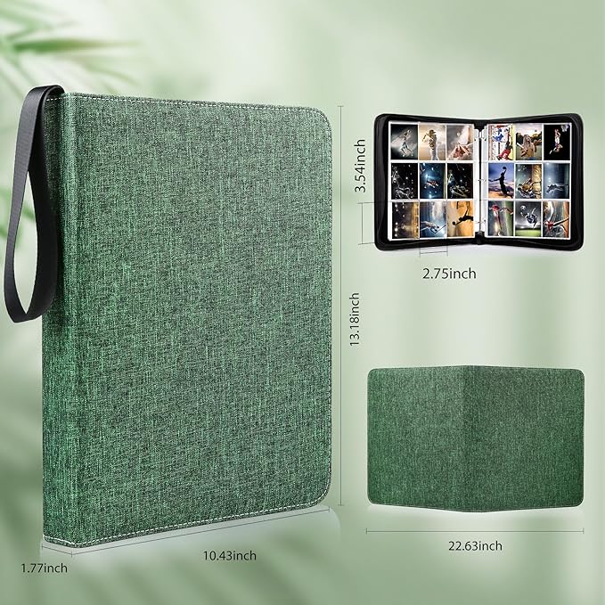 WOT I Trading Card Binder, 900 Pockets Collection Card Binder Sleeves with Polyester Fabric Cover&Zipper, Double Sided Pockets Card Holder Carry Card Case for Standard Size Cards - Green