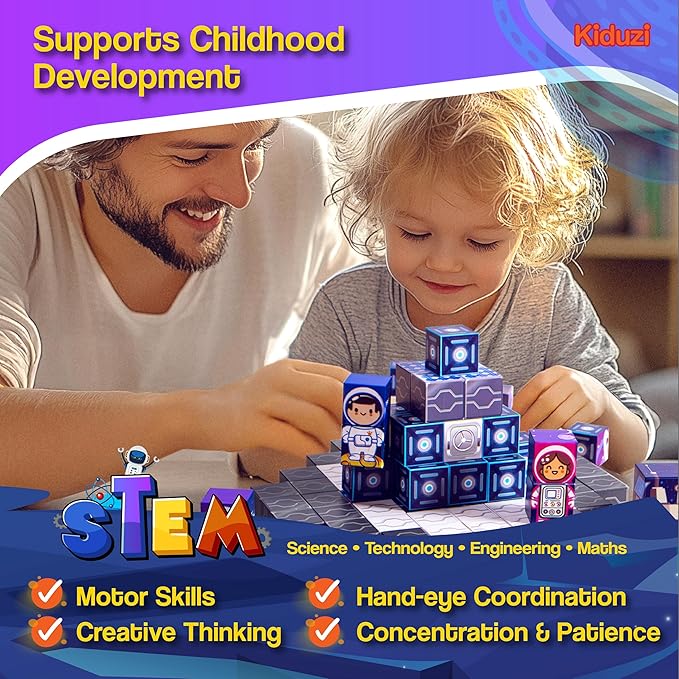 2 in 1 Toy: 1 inch Magnetic Building Blocks – Space Adventure Edition - 100-Piece STEM Toy Ages 3-10+ - 2D Puzzle & 3D Models - Screen-Free Fun - Strong Magnets, Durable & Travel-Friendly