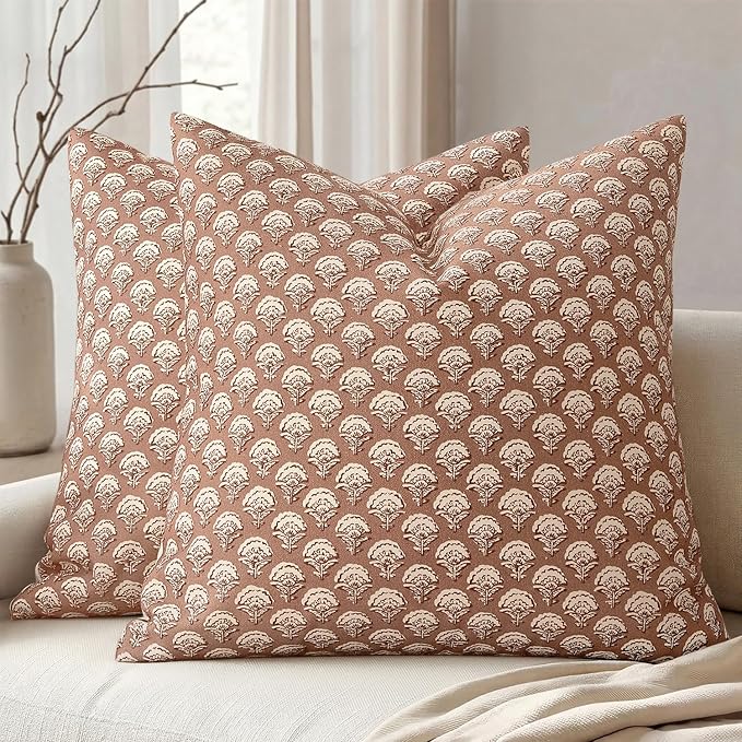 MIULEE Floral Print Decorative Euro Pillow Covers 22x22, Almond | Vintage Boho Farmhouse Modern Home Decor, Set of 2, Block Print Cushion Covers for Couch Sofa Bed Living Room