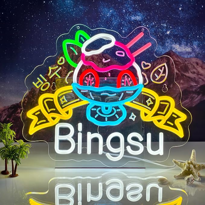 Bingsu Neon Sign,Korean Shaved Ice LED Light Sign Wall Decor | Neon Lights Hanging Wall Art Decoration for Korean Restaurant Ice Cream Cafe Party Home Decor, USB Powered,Dimmable,15×12.2In