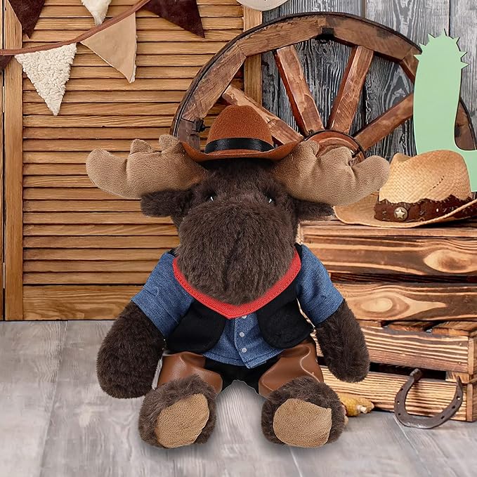 DolliBu Red Plaid Hoodie Moose Stuffed Animal Cowboy Plush with Name Personalization - Western-Themed Moose Plush with Cute Cowboy Costume Denim Shirt Vest, Bandana, Leather Pants, and Hat - 10 Inches