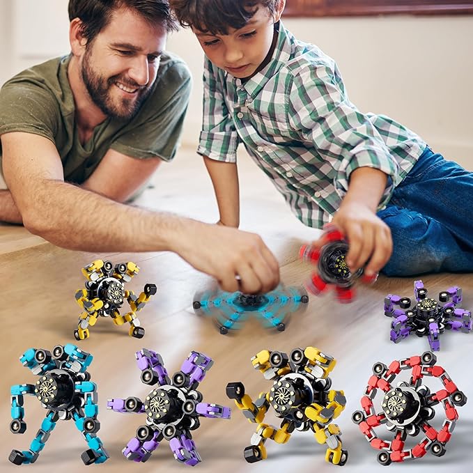 Transformable Fidget Spinners Toys for Adults Kids, 4 Pcs Sensory Toys for Teens with Autism Anxiety Stress Relief Gifts, Durable Robot Fingertip Gyros for Party Favors Stocking Stuffers Treasure Box