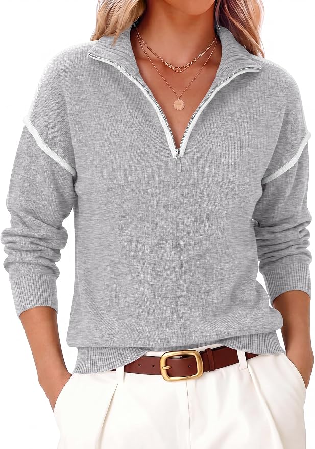 ANRABESS Womens Quarter Zip Sweaters Fall Long Sleeve V Neck Shirts Collared Business Casual Tops Knit Pullover Sweatshirts