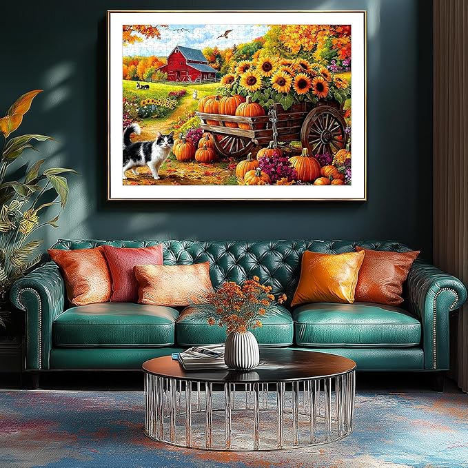 500 Piece Jigsaw Puzzle for Adults - Autumn Farm Scene: Sunflower Cart, Red Barn & Pumpkin Harvest, 23x15 Inch Fall Art Puzzle, Challenging Hard Difficult Puzzles for Adults