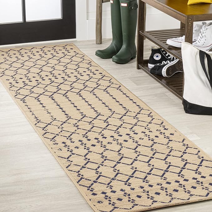JONATHAN Y Moroccan Geometric Indoor Outdoor Runner Rug 2X10 Beige/Navy, Ourika Textured Weave for Backyard, Patio, Porch, Easy-Cleaning, High Traffic, Pet-Friendly, Non-Shedding (SMB108H-210)