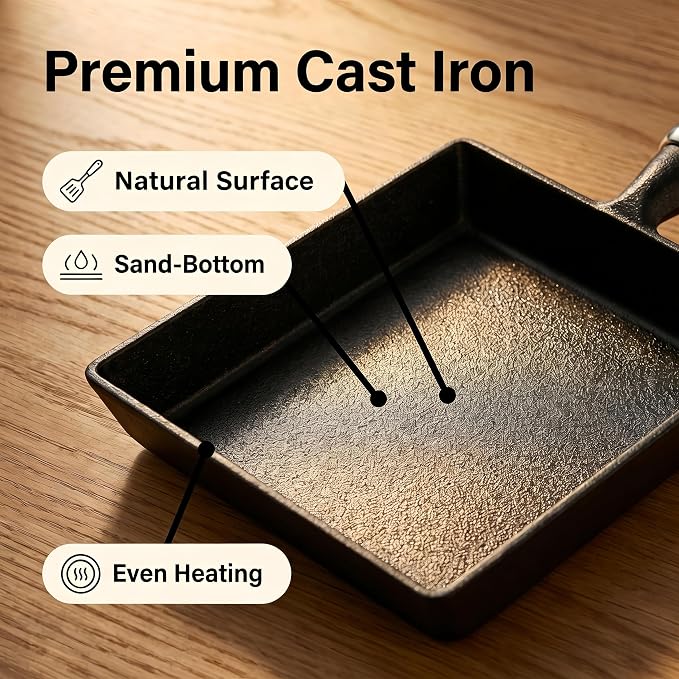 RIIPOO Cast Iron Tamagoyaki Pan Japanese Omelette Egg Tamago Pan Skillet with Turner & Brush
