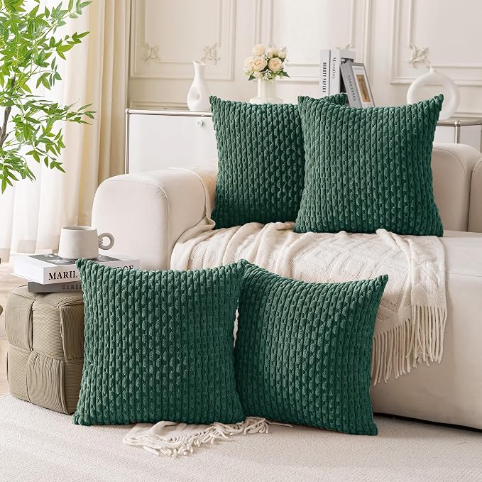 Set of 4 Dark Green Decorative Throw Pillow Covers 22x22 Inch Corduroy Pillow Covers for Bed Couch Sofa Living Room Soft Square Cushion Cases