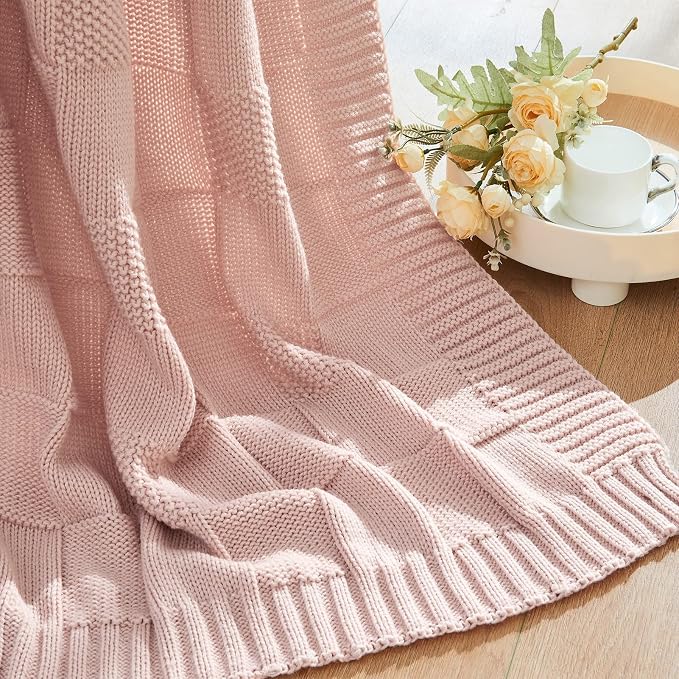 CozeCube Pink Knitted Checkered Throw Blanket 60"X80" | Check Knit Throw for Couch, Decorative Christmas Soft Cozy Warm Blanket for Bed Sofa Living Room