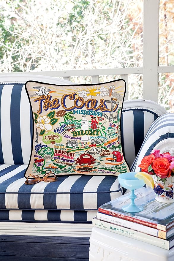 Catstudio Mississippi Coast Embroidered Decorative Throw Pillow