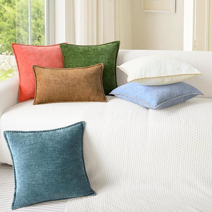 CaliTime Decorative Couch Throw Pillow Covers 18 X 18 Inches Smoke Blue | Pack of 2, Cozy Chenille Cushion Cases, Cotton Thread Stitching Edges, for Sofa Bed Living Room Farmhouse
