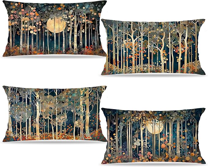 Rustic William Morris Inspired Forest Moon Decor Pillow Covers 12x20 Set of 4,Vintage Botanical Nature Landscape Decorative Throw Pillow Covers for Home Bedroom Living Room,Fall Home Room Decor