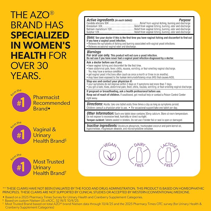 AZO Yeast Plus Dual Homeopathic Yeast Infection Symptom Relief for Women–Vaginal Itching & Burning + Odor & Discharge, Intimate Health Tablets, 2 Pack (60 Count x2), from the #1 Vaginal Health Brand!
