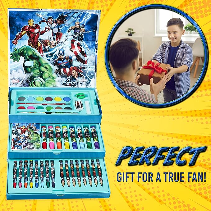 Marvel Art Case for Kids with Colored Pencils Markers Crayons Watercolors Drawing Supplies Travel Art Kit Gifts for Kids (Multicolor Avengers)