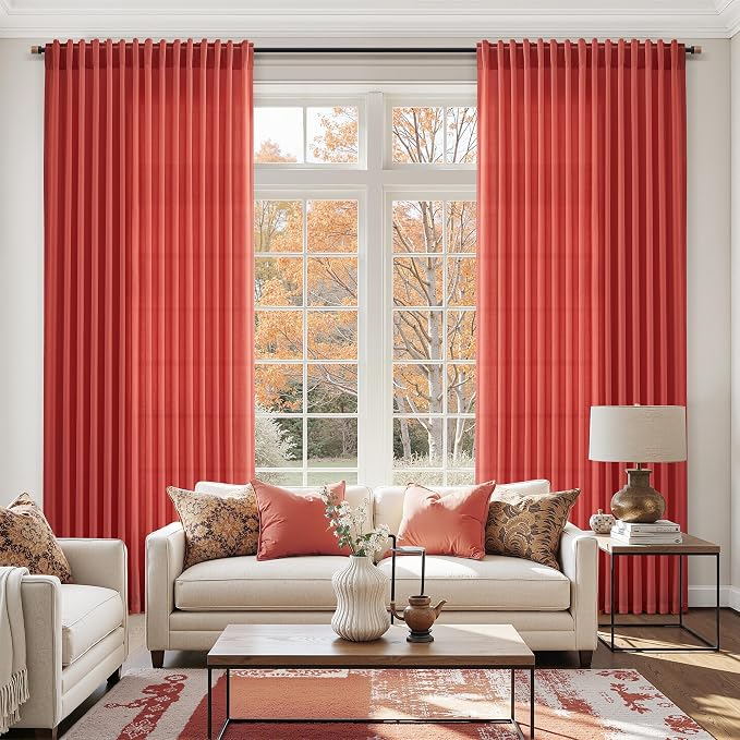 Christmas Red Linen Curtains 72 Inches Long for Living Room Light Filtering Semi Sheer Curtain Back Tab and Rod Pocket Vintage Rustic Luxury Home Decor Neutral Drapes for Bedroom 52x72, 2 Panels