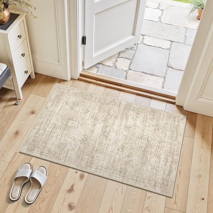 Soalmost 2x3 Washable Rugs for Kitchen, Entryway, Small Area Rug Beige | Non-Slip Vintage Low Pile Throw Door Mat For Bathroom Entry Laundry Powder Room, Stain Resistant Indoor Entrance Floor Carpet