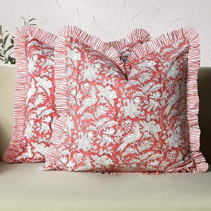 CPC Block Print Ruffle Throw Cover Pink Coral 16"x16" Inch Pack of 2-100% Cotton Ruffle Couch Decorative Boho Pillows Case for Living Room, Bedroom, Sofa, Farmhouse Gift for Spring, Mother's Day