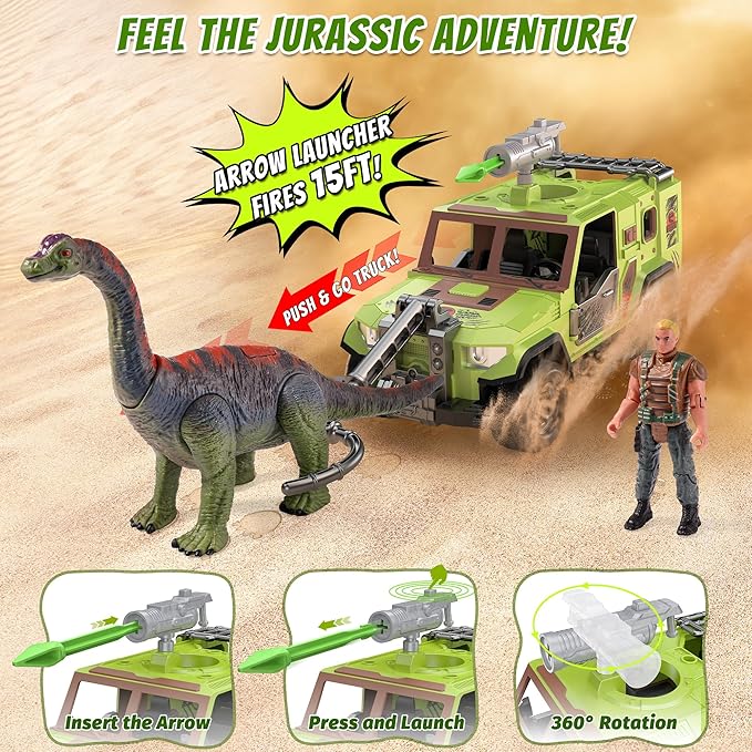 EKU Dinosaur Truck with 10 Sounds, Launcher, Wide-Mouth Fork, Human, Heads Moves Attack Brachiosaurus Figure, Push and Go Adventure Vehicle for Jurassic World Toys Pretend Play Gifts for Kids 3+
