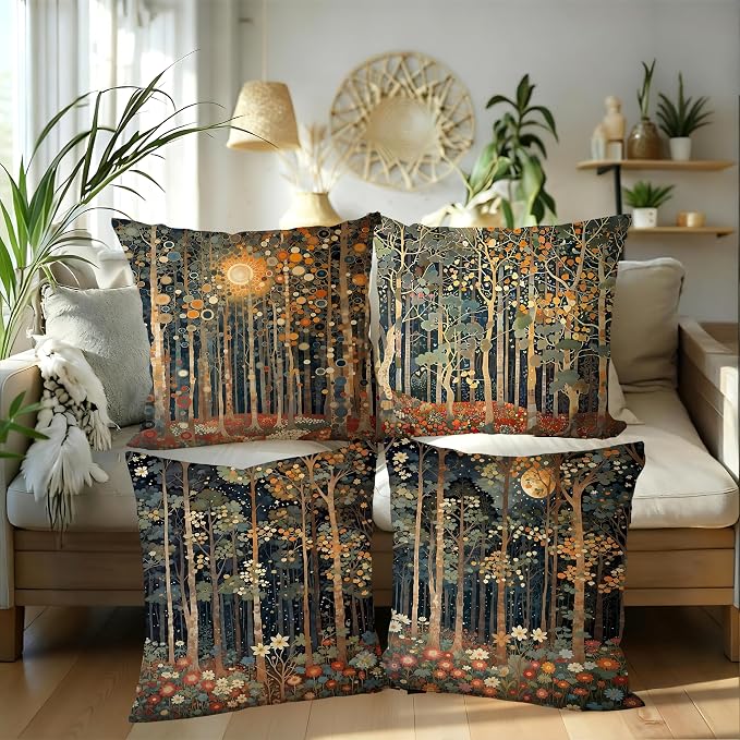454 Rustic William Morris Style Fall Forest Pillow Covers 22x22 | Fall Autumn Home Room Decor, Vintage Botanical Nature Decorative Throw Pillow Covers for Home Bedroom Living Room Set of 4