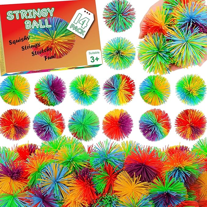 14PCS Stringy Balls, Sensory Stringy Ball, 2.75 inch Soft Rainbow Pom Bouncy, Stocking Stuffers for Kids, Monkey Pom Balls Fidget Toys Stress Ball, Birthday Gifts for Boys Girls Ages 3+