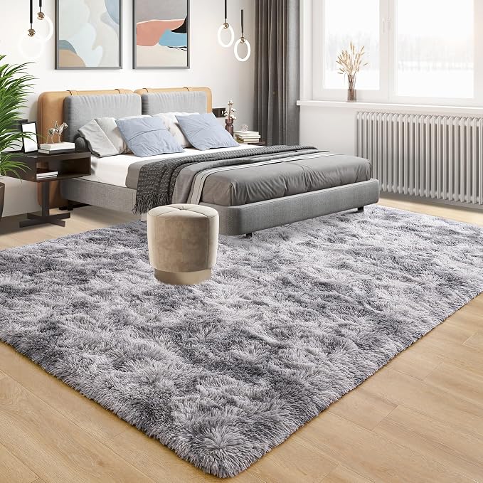 Tepook Area Rugs 10x14 for Living Room, Super Soft Fluffy Rugs for Bedroom, Modern Shaggy Rug Fuzzy Carpets for Kids, Plush Indoor Nursery Home Decor Rug with Non-Slip Bottom, Tie-Dyed Light Grey