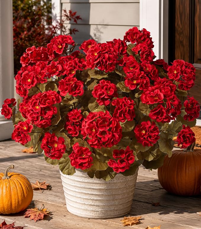 Fake Geraniums Artificial Flowers for Outdoors Fall Autumn Decoration, 6 Bundles Silk Geraniums Look Real Faux Fall Flowers Plants for Front Door Garden Planter Patio Balcony Yard Home Indoor, Red