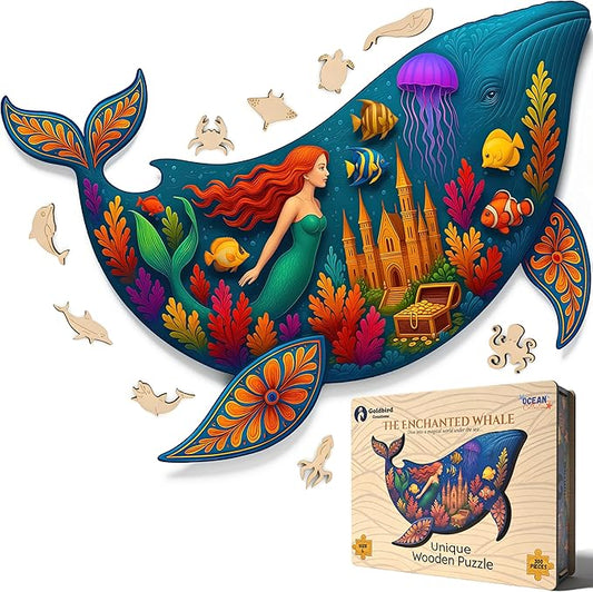 Goldbird Wooden Puzzles for Adults - 300 Piece Whale Jigsaw Puzzle - Premium Quality Wood Puzzle with Unique Whimsy Pieces for Puzzle Lovers - Eco-Friendly & Sustainable