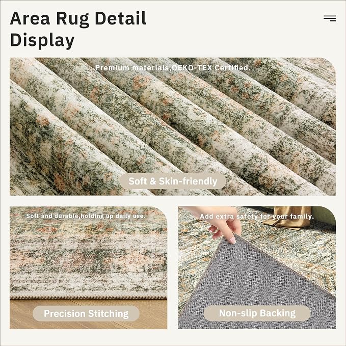 Soalmost 6x9 Area Rug for Living Room Washable Rugs Non-Slip Green/Orange | Low-Pile Vintage Carpet for Dining Bedroom, Foldable Thin Stain Resistant Floor Mat Under Table Home Office Nursery Decor