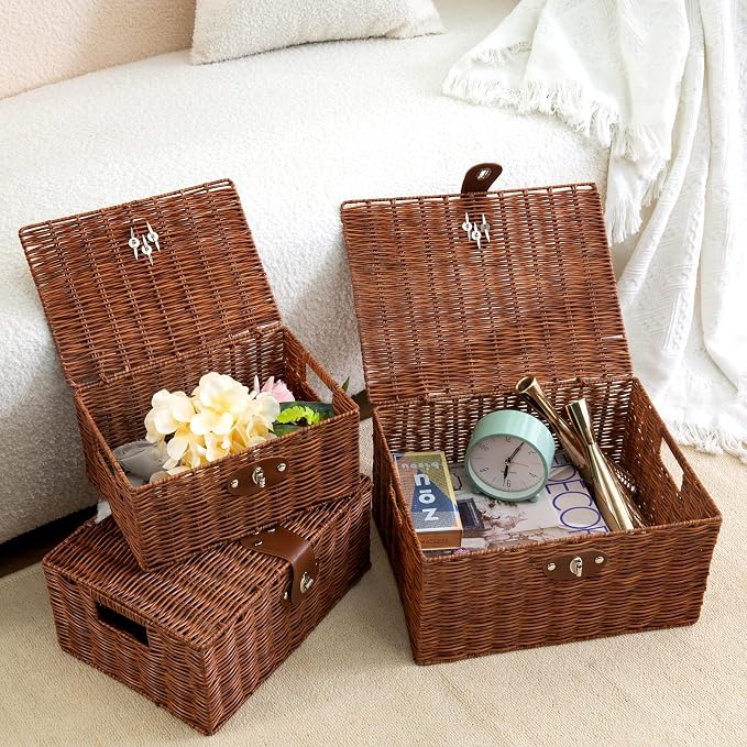 Set of 3 Woven Wicker Storage Basket Box with Lids & Lock, Built-in Carry Handles, Multifunctional Storage Organizer for Nursery, Baby, Toys, CLoset, DVD Large/Medium/Small Size (Natural)