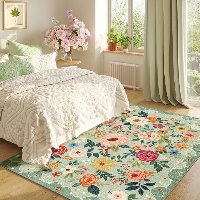 DUKINO 5x7 Area Rug, Floral Rugs for Living Room, Lightweight Non Slip Washable Rug, Indoor Low Pile & Non-Shedding Boho Design Rugs for Bedroom, Living Room, Dining Room, Green | Soft, Low Pile, Stain Resistant Indoor Rug for Bedroom, Dining Room, Off...