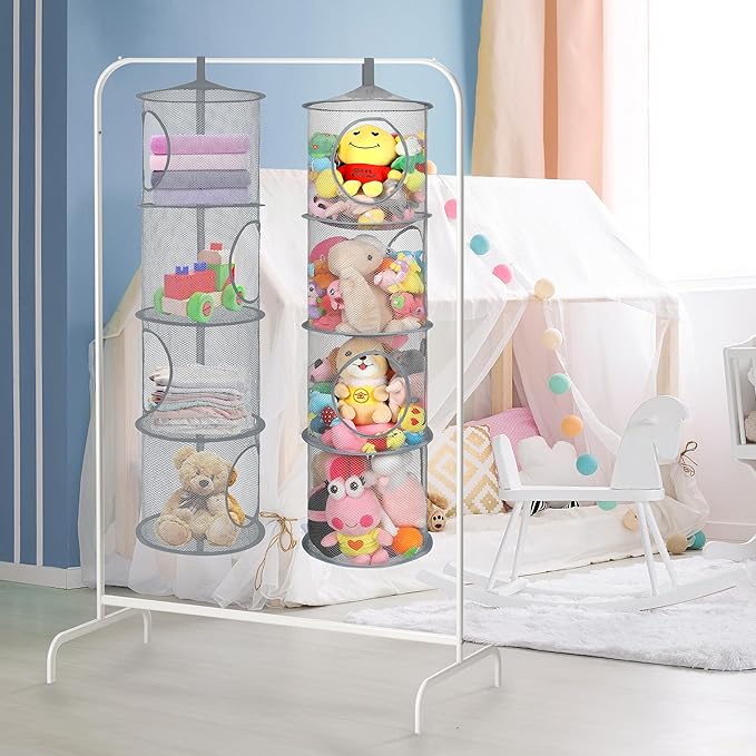 2Pcs Stuffed Animal Storage Foldable Stuffed Animal Net or Hammock Organizer, 4 Compartments Hanging Mesh Toy Storage Hammock for Kid Room Toys, Gloves, Hats, Socks（Grey）