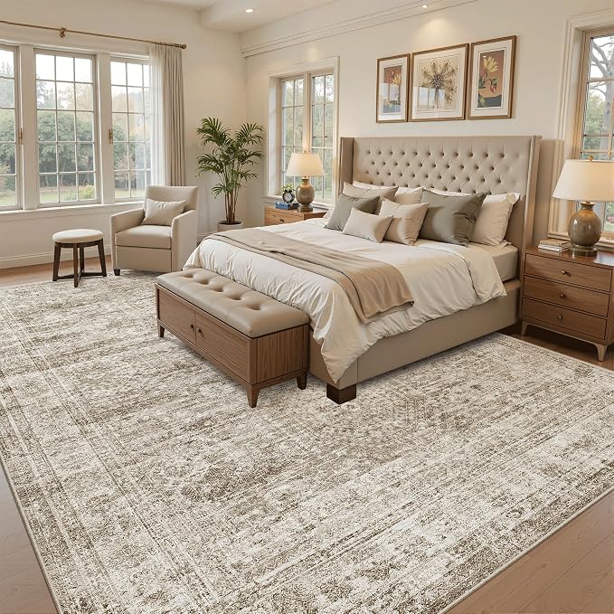 Soalmost 9x12 Area Rugs for Living Room Washable Rug Non-Slip Brown | Large Vintage Stain Resistant Carpet for Dining Bedroom, Low Pile Lightweight Foldable Floor Mat Nursery Home Office Decor
