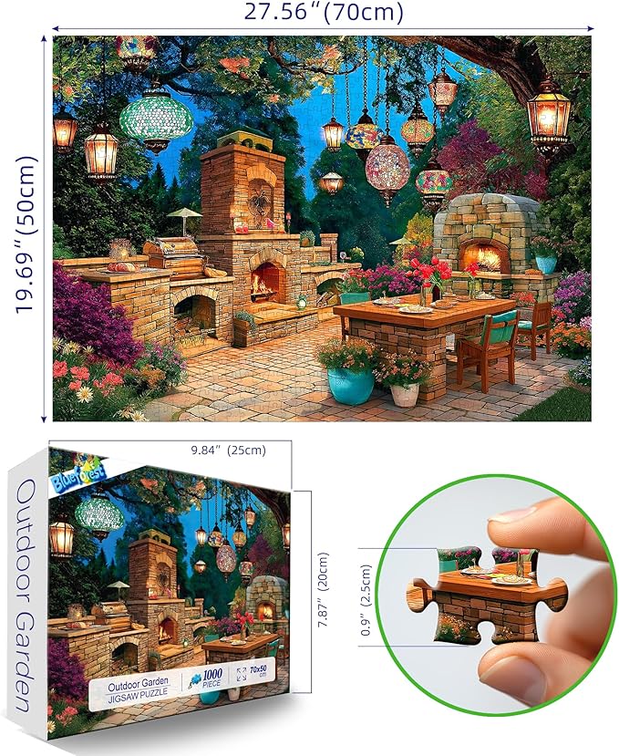 Blueforest 1000 Piece Jigsaw Puzzle for Adults - Enchanted Garden Patio: Mosaic Lanterns, Stone Fireplaces & Night Blooms, Challenging Hard Difficult Puzzles for Adults, 27.5x19.7 Inch Art Puzzle
