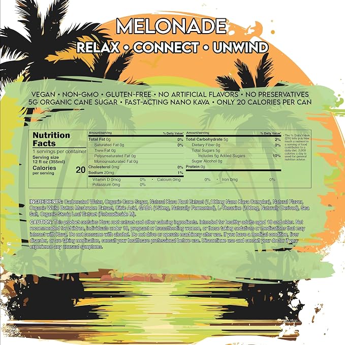 AVA Kava | Alcohol-Free Relaxation Drink | Melonade | Fast Acting Nano Kava • Zero Sugar Alcohols • Vegan • Plant Based • No Preservatives • Natural Flavors • Non GMO • Gluten Free | 12oz Cans (12-Pack)
