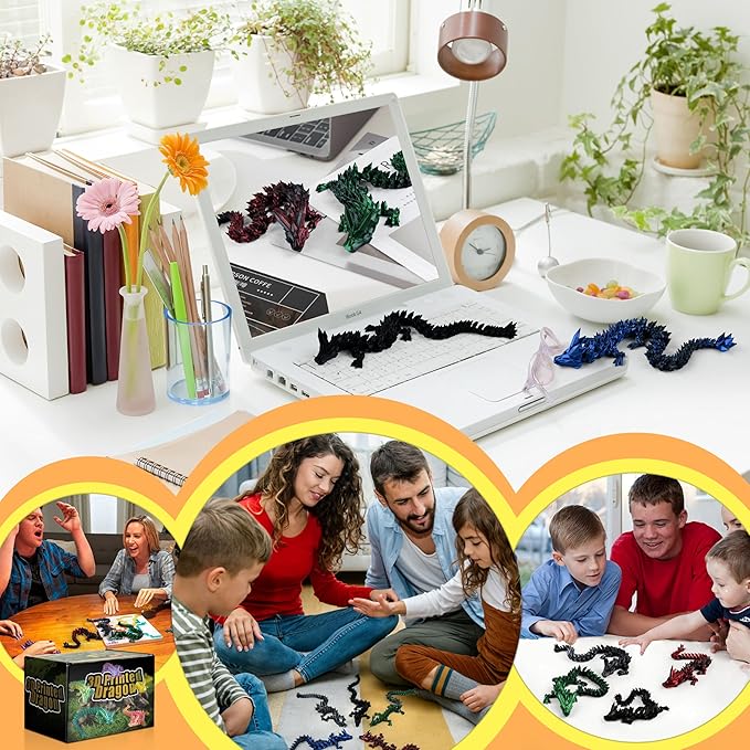 5PCS Dark Series 12" 3D Printed Dragon Set – Articulated Crystal Dragons, Cool Desk Toys for Adults & Teens, Unique 3D Printed Animals, Gothic Fantasy Decor, Novelty Gift for Men & Boys