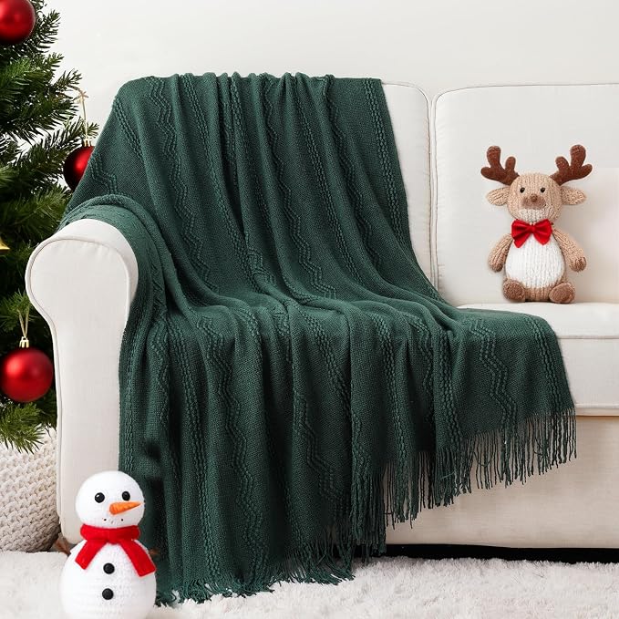 BATTILO HOME Christmas Décor Green Throw Blanket for Couch, 50"x60" | Boho Knit Bed Throws, Dark Green Throw Blanket for Home Decor