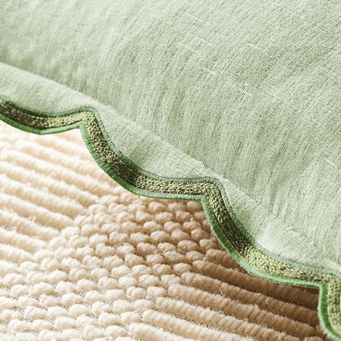 Ohocut Light Green Scalloped Pillow Cover Pack of 2 Spring Chenille Decorative Cute Boho Couch Throw Pillow Covers 20" x 20" Aesthetic Funky Preppy Pillow Cases for Sofa Living Room