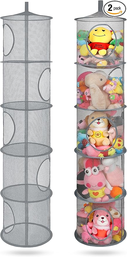 2Pcs Hanging Mesh Space Saver Bags Organizer, Foldable Storage Organizer 5 Compartments Toy Storage Organizer for Kid Room Toys, Gloves,Hats,Socks Storage #Grey