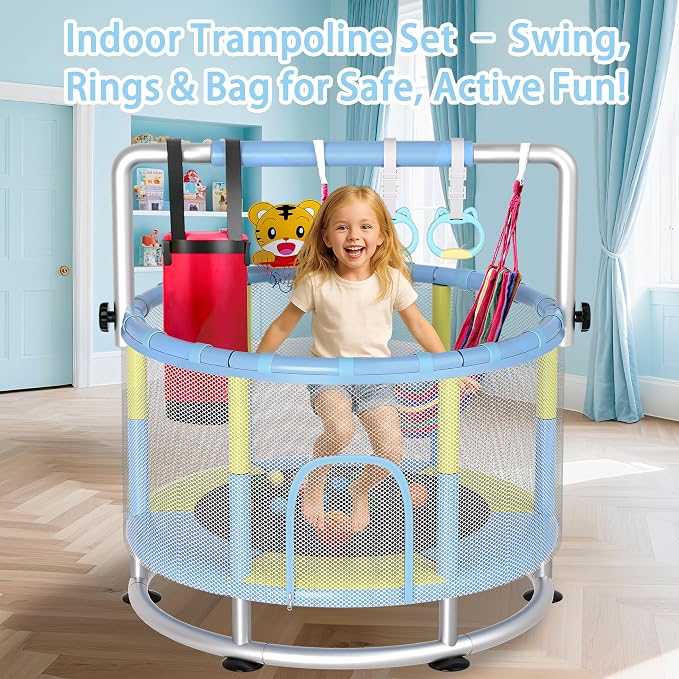 55" Kids Indoor Trampoline with Safety Net, Adjustable Gymnastics Bar & Toys – Indoor/Outdoor Toddler Play Gym for Boys & Girls Ages 3+, Birthday Gifts
