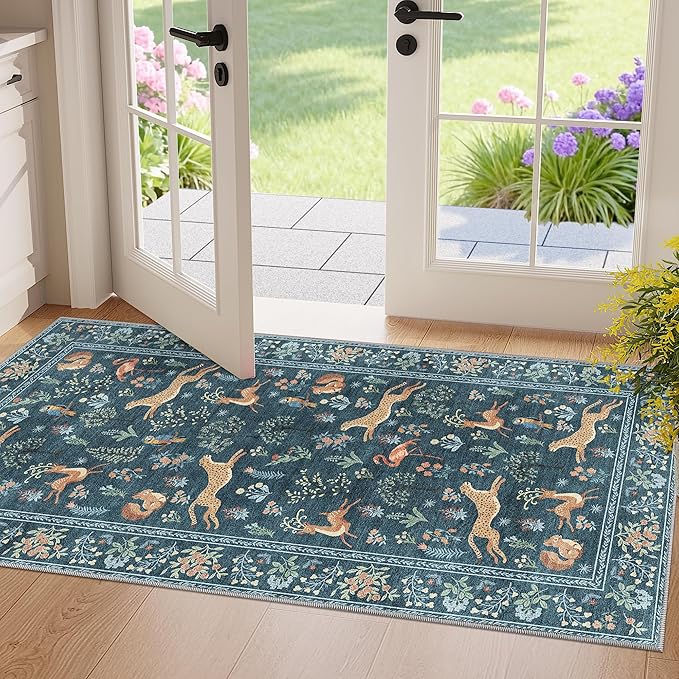 DUKINO 2x4 Rug for Entryway, Animal Washable Runner Rug for Kitchen, Blue | Non Slip, Low Pile, Stain Resistant Thin Indoor Carpet for Hallway, Bedroom, Bathroom, Laundry, Pet Friendly, Non-Shedding