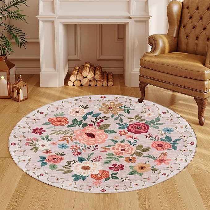 DUKINO 4ft Round Rug, Floral Washable Small Round Area Rug Non Slip, Beige | Soft, Low Pile, Stain Resistant Indoor Circle Rug for Bedroom, Kitchen, Kids Room, Living Room, Pet Friendly, Home Decor