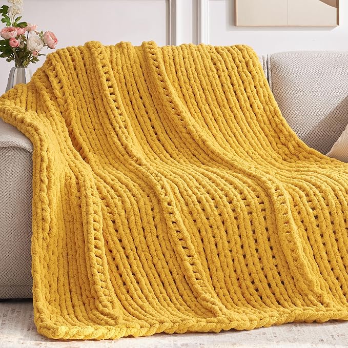 Negwoo Chunky Knit Throw Blanket, Knitted Throw Chenille Yarn, 80"*90" | Soft Thick Cable Knitted Blankets, Handmade Big Thick Blanket, Machine Washable Cute Comfy Blanket for Home Decor, Yellow