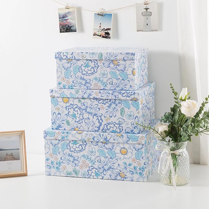 Soul & Lane - Sky Meadow Decorative Storage Boxes with Lids, Set of 3 | Floral Paperboard Nesting Containers for Keepsakes, Memories and Photos, Large Gift Set Boxes for Presents and Decor