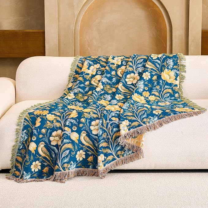 VANJOROY Boho Throw Blanket, 100% Organic Cotton Breathable Ultra Soft 91" x 108" King Bed Quilt Throw - All Season Floral Rustic Farmhouse Decor Luxury Blanket for Sofa Couch Chair and Gift