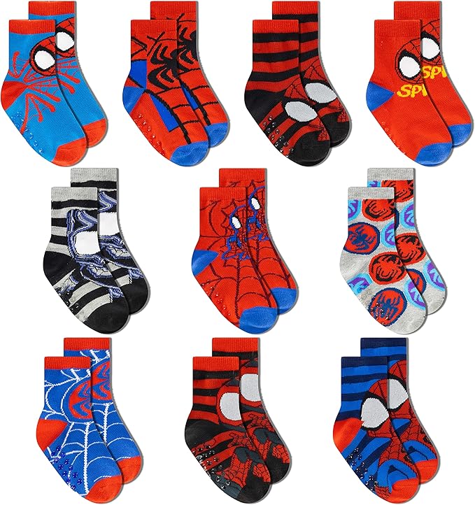 Marvel Spiderman Grip Socks, 10 Pack, Toddler Boys, Ankle Length, Multicolor, Small