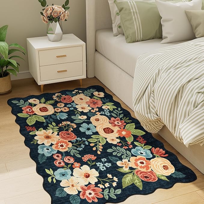 DUKINO 3x4 Rug, Non Slip Floral Washable Area Rug for Entryway, Navy Blue | Soft, Low Pile, Non-Shedding Indoor Throw Rugs for Kitchen, Hallway, Bedroom, Bathroom, Laundry, Pet Friendly, Home Decor