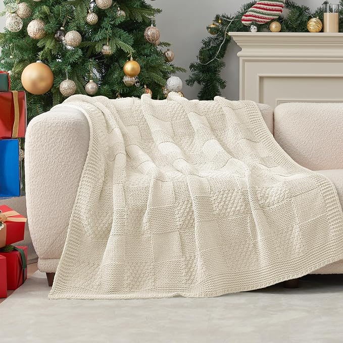 Knit Throw Blanket, Soft Chenille Cozy Breathable Checkered Chunky Decorative Blanket for Couch, Bed & Sofa, French-Inspired Lightweight Warm Gift for Women, Ivory, 60"x80"
