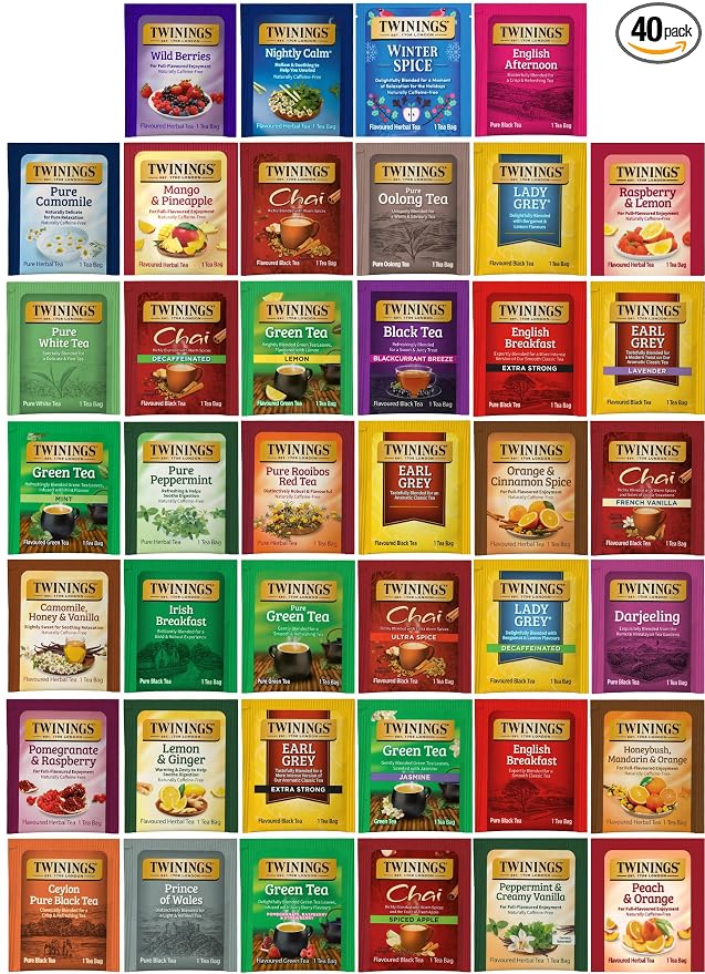 Twinings Assorted Caffeine-Free, Herbal and Caffeinated Black Tea Bag Sampler (40 Count) 40 Flavour Boxed Variety Gift Set